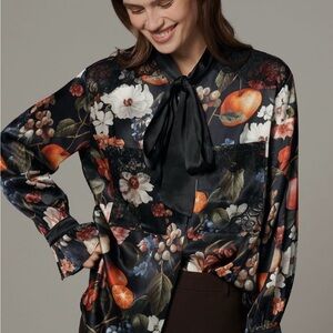 Maeve Black Satin Floral Bow-Tie Blouse